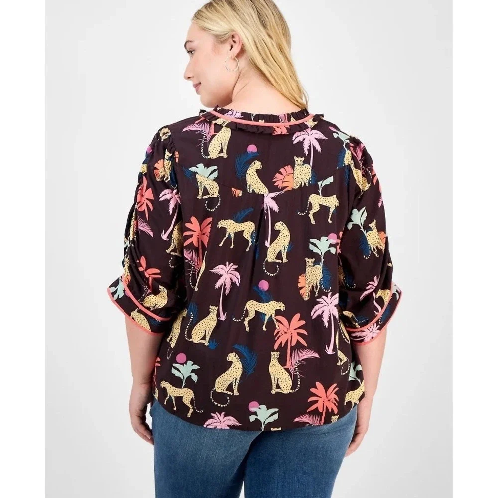 Democracy Plus Size 3/4 Sleeve Relaxed Top Boxy 2x‎ Whimsical Tropical Safari